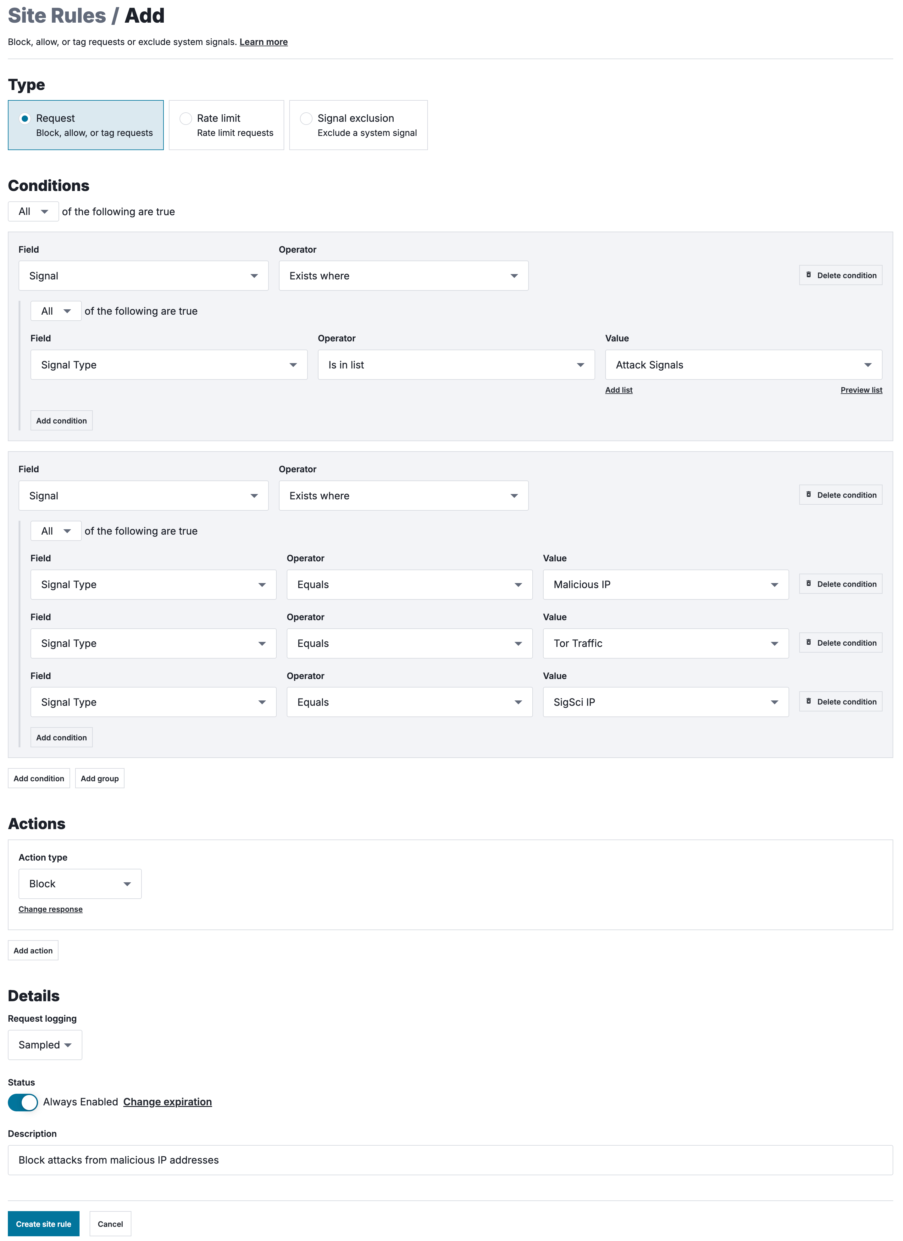 A request rule designed to block attacks from malicious IP addresses, as described above.