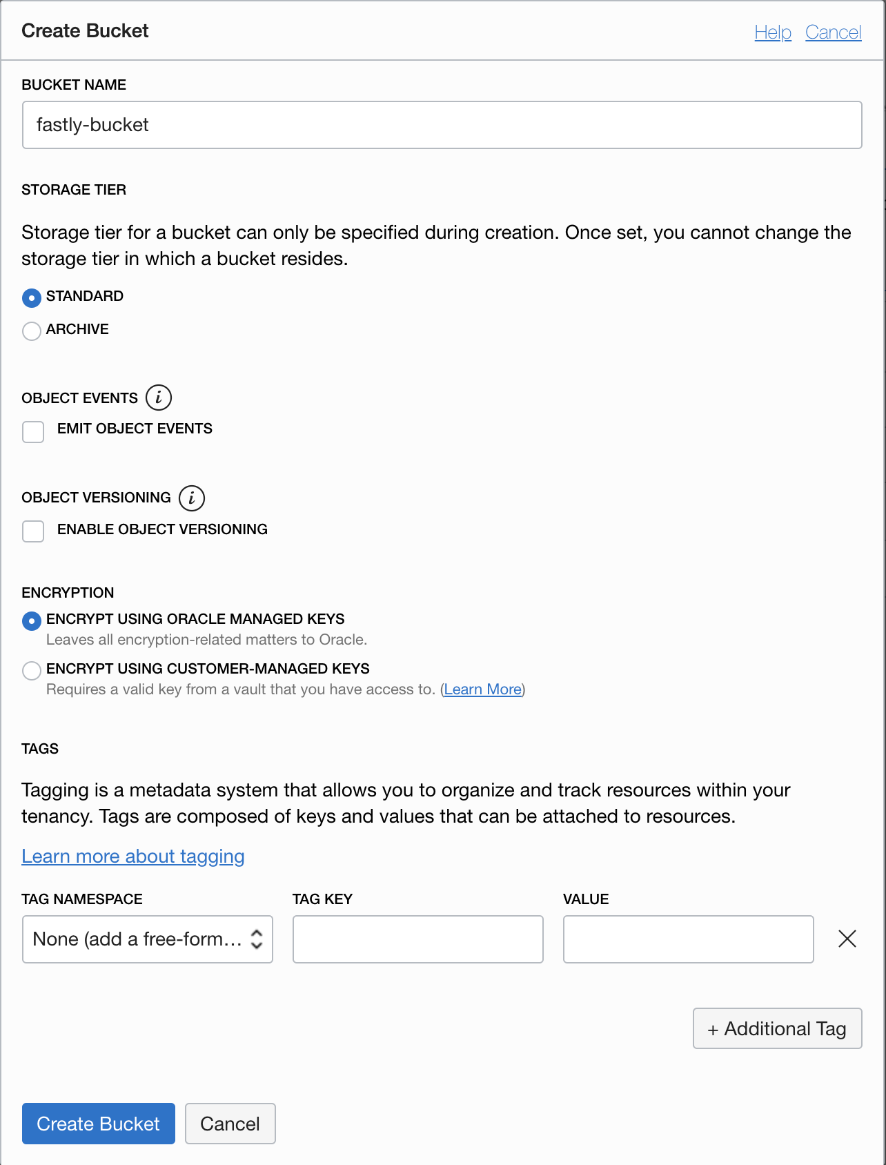 Oracle Cloud Object Storage の新規バケットのウィンドウ