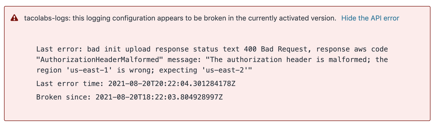 Amazon S3 logging error in the Fastly web interface