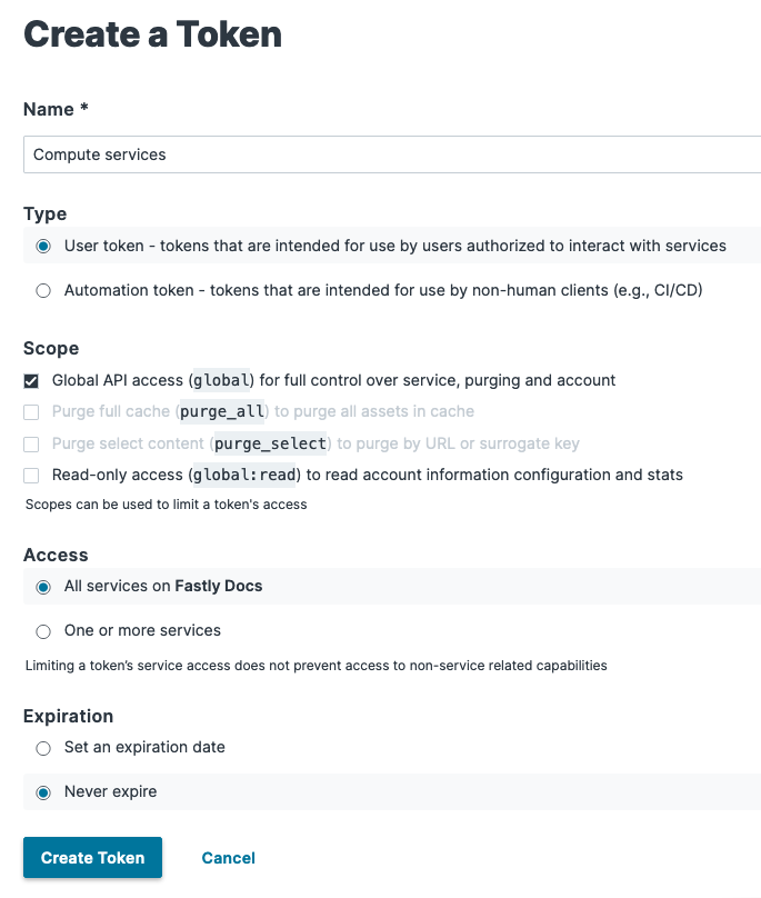 Creating an API token in the Fastly web interface