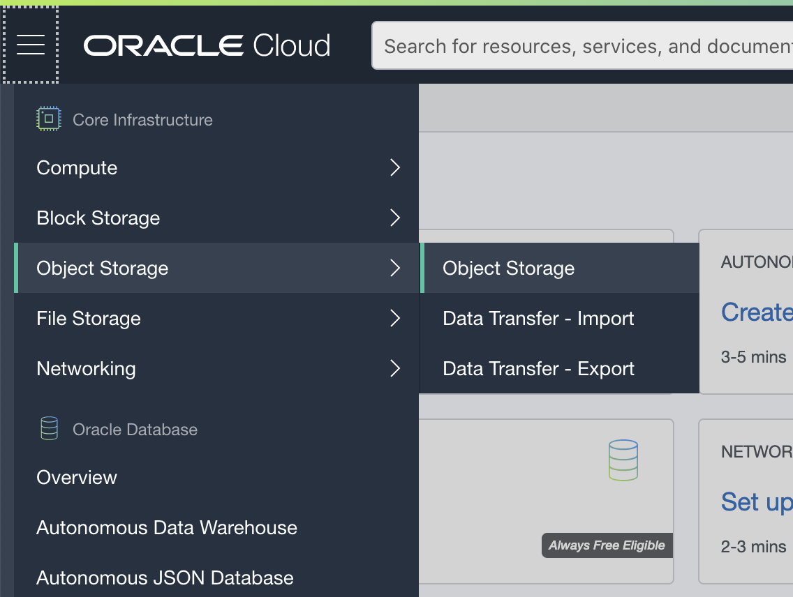 Oracle Cloud Object Storage の新規バケットのウィンドウ
