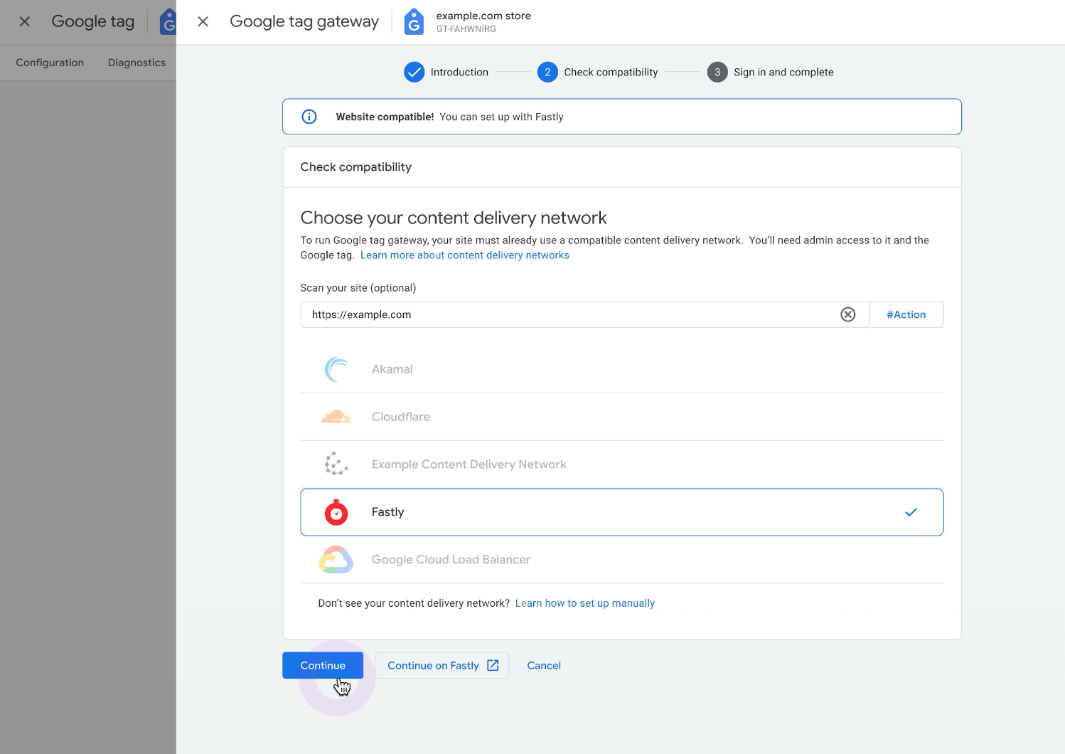 selecting Fastly in the Google tag gateway window